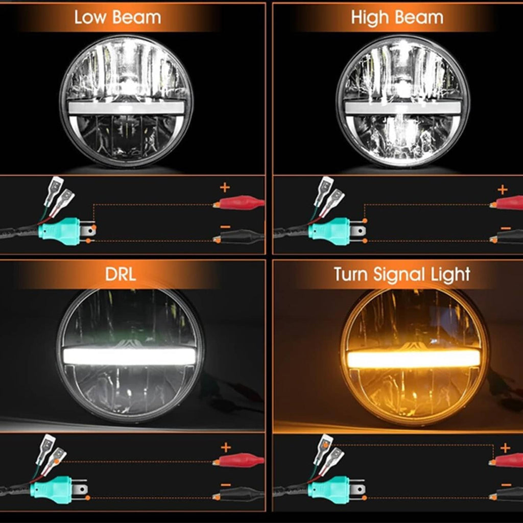 Halo LED headlight modes chart: low beam, high beam, DRL, and turn signal light