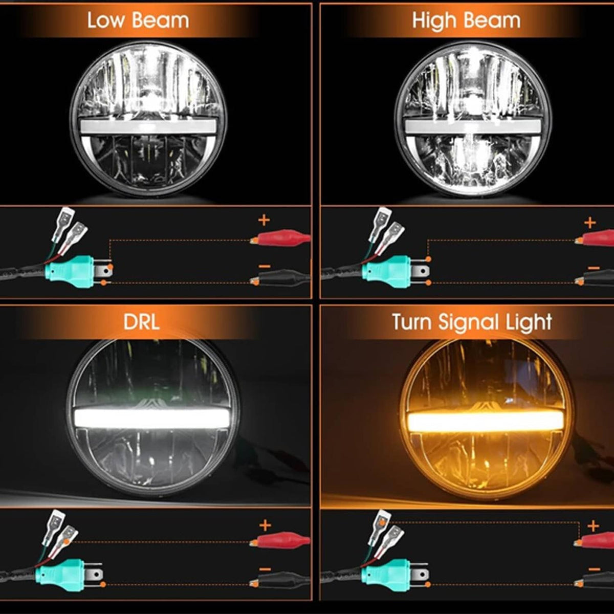 Halo LED headlight modes chart: low beam, high beam, DRL, and turn signal light