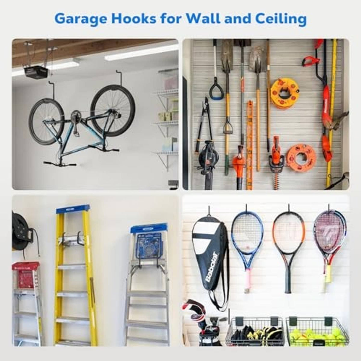 Garage wall display with multiple bicycles and tools hung on black wall hooks