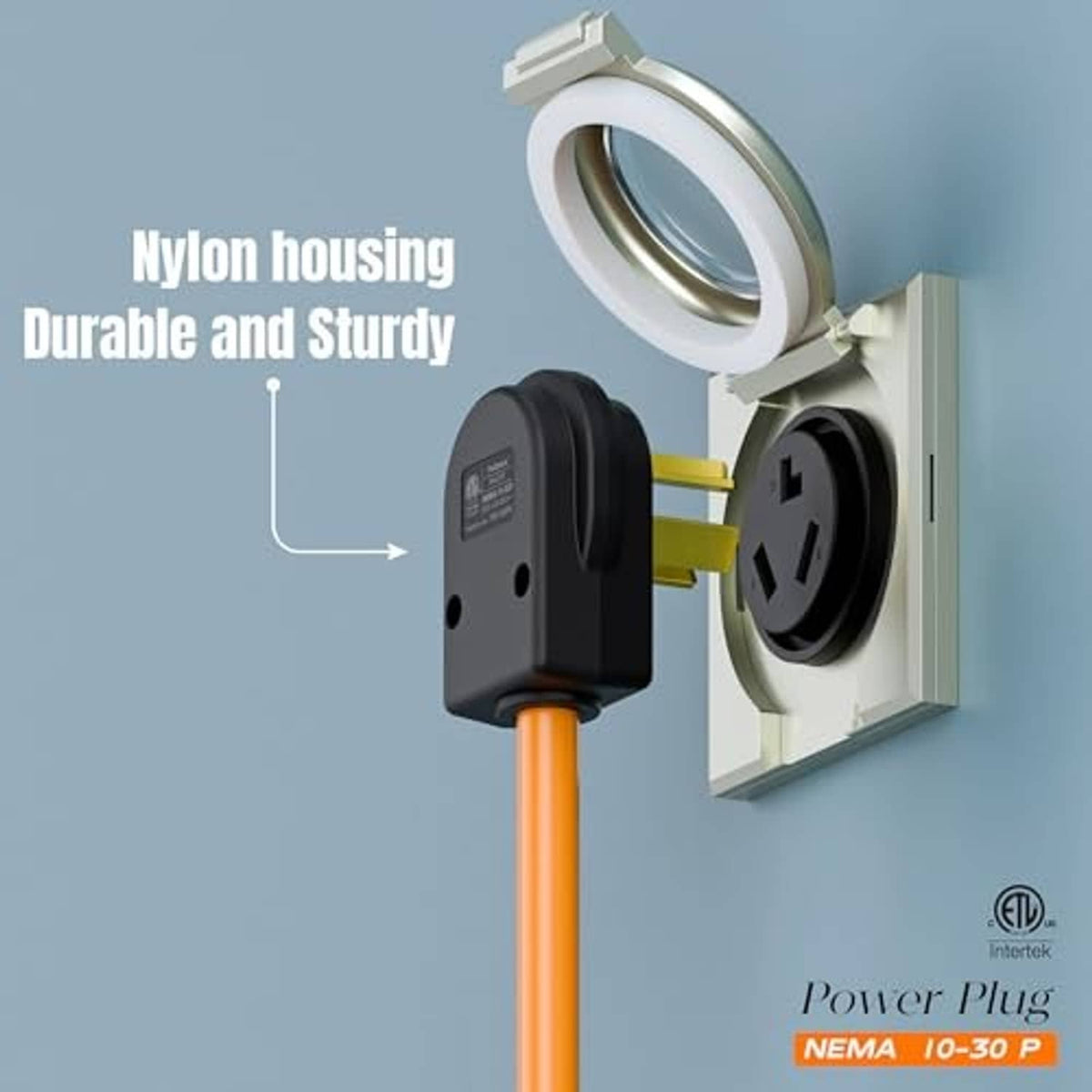 NEMA 10-30P power plug plugged into outlet, black housing with gold prongs on orange cord