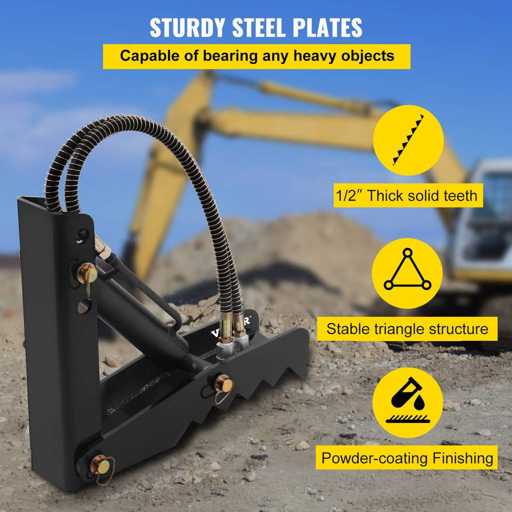 Black steel backhoe thumb claw with solid teeth and hydraulic connections