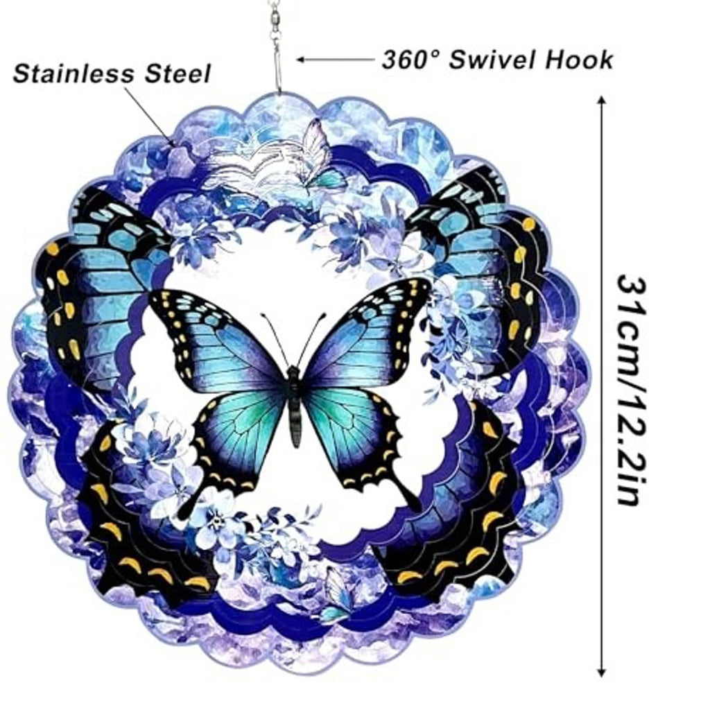 Butterfly 3D metal wind spinner with stainless swivel hook; 13in round design shown