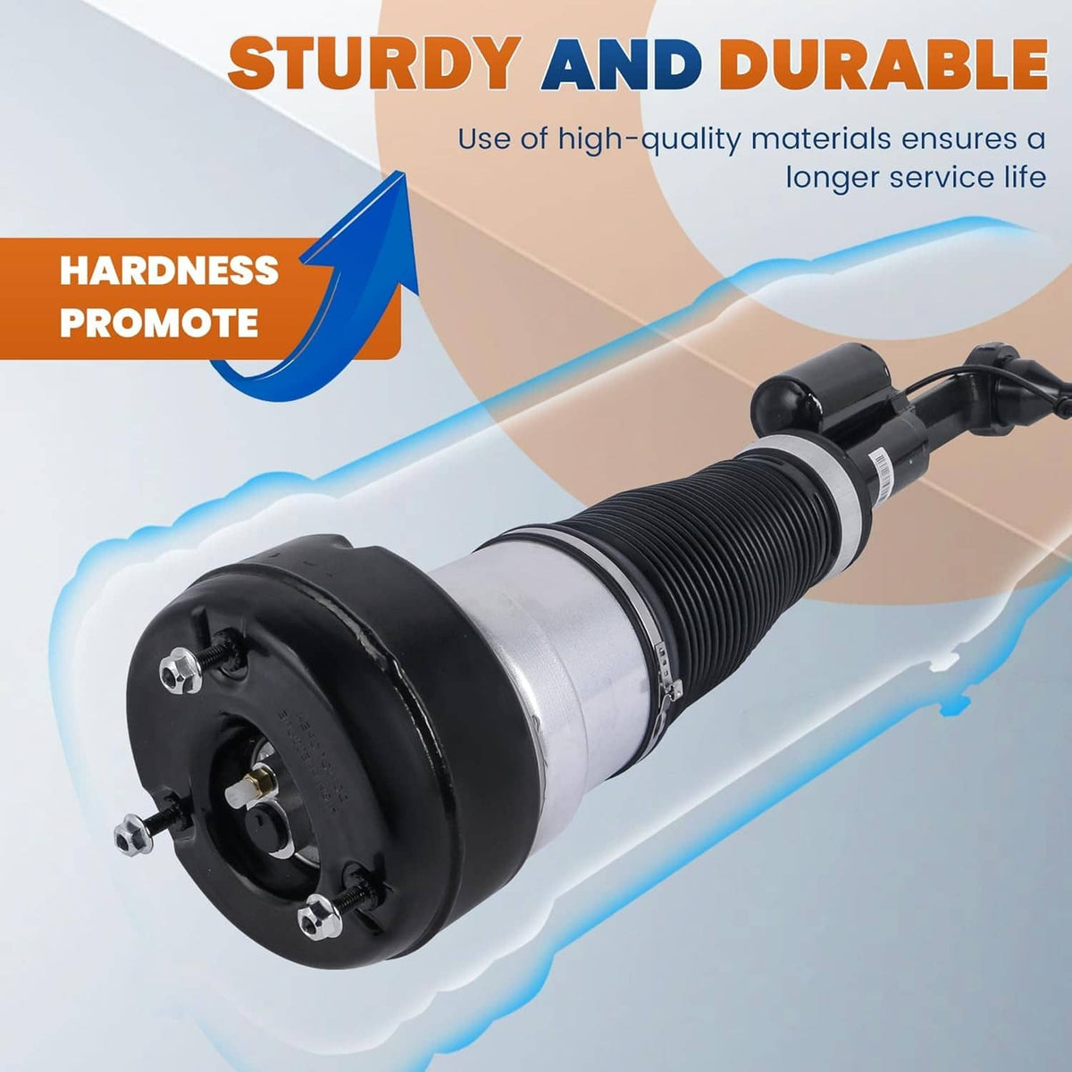 Air suspension shock strut with black cap, silver cylinder, and ribbed air spring