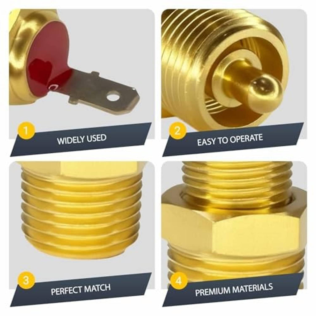 Brass fan thermostat switch close-ups with red cap, threaded body, and mounting hole