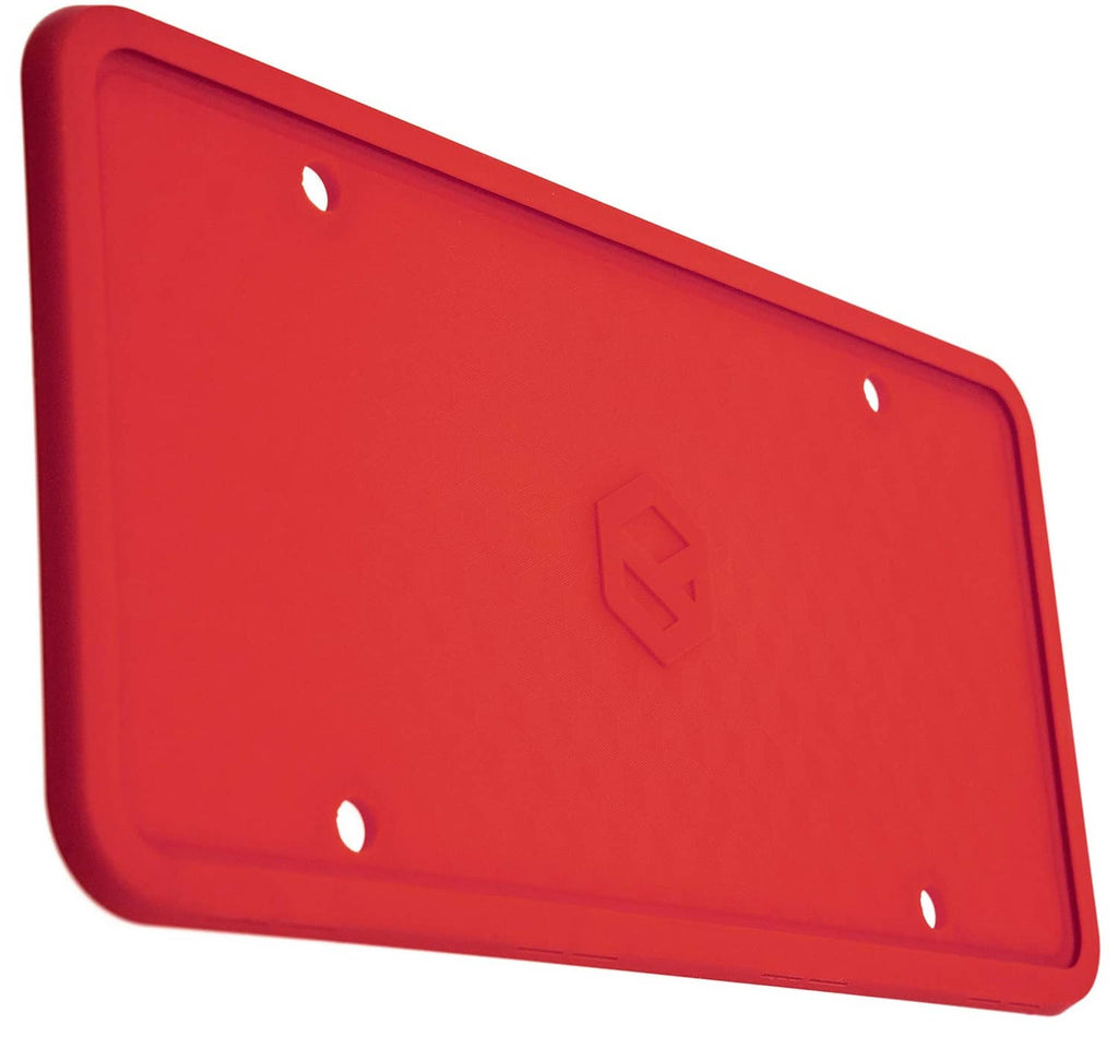 Red silicone license plate frame with embossed center emblem and mounting holes