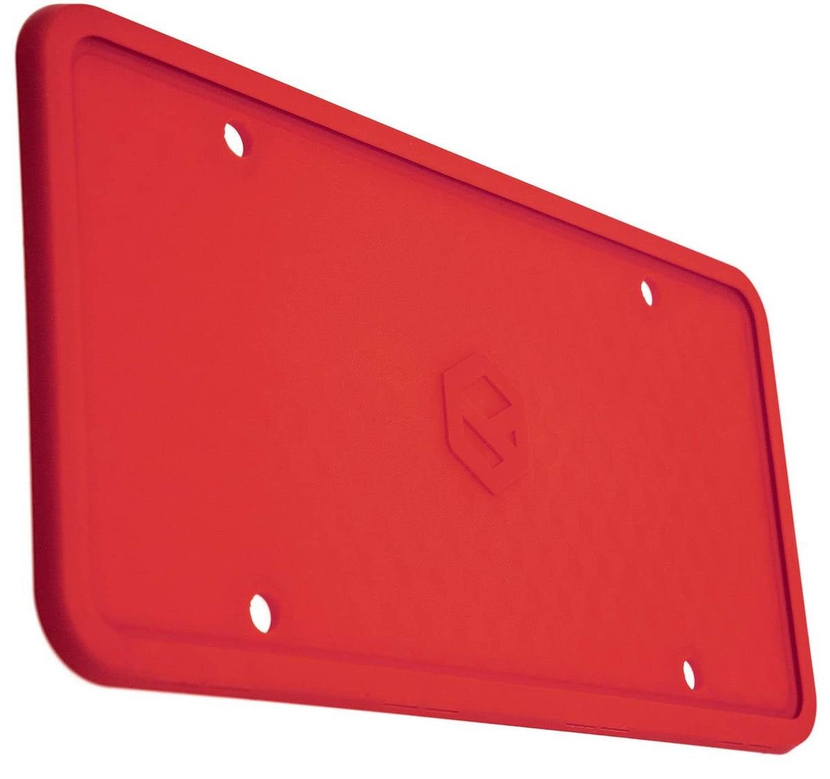 Red silicone license plate frame with embossed center emblem and mounting holes