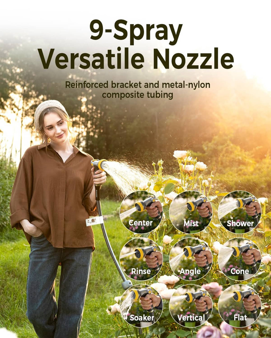 9-spray versatile nozzle attachment with dark hose for outdoor watering