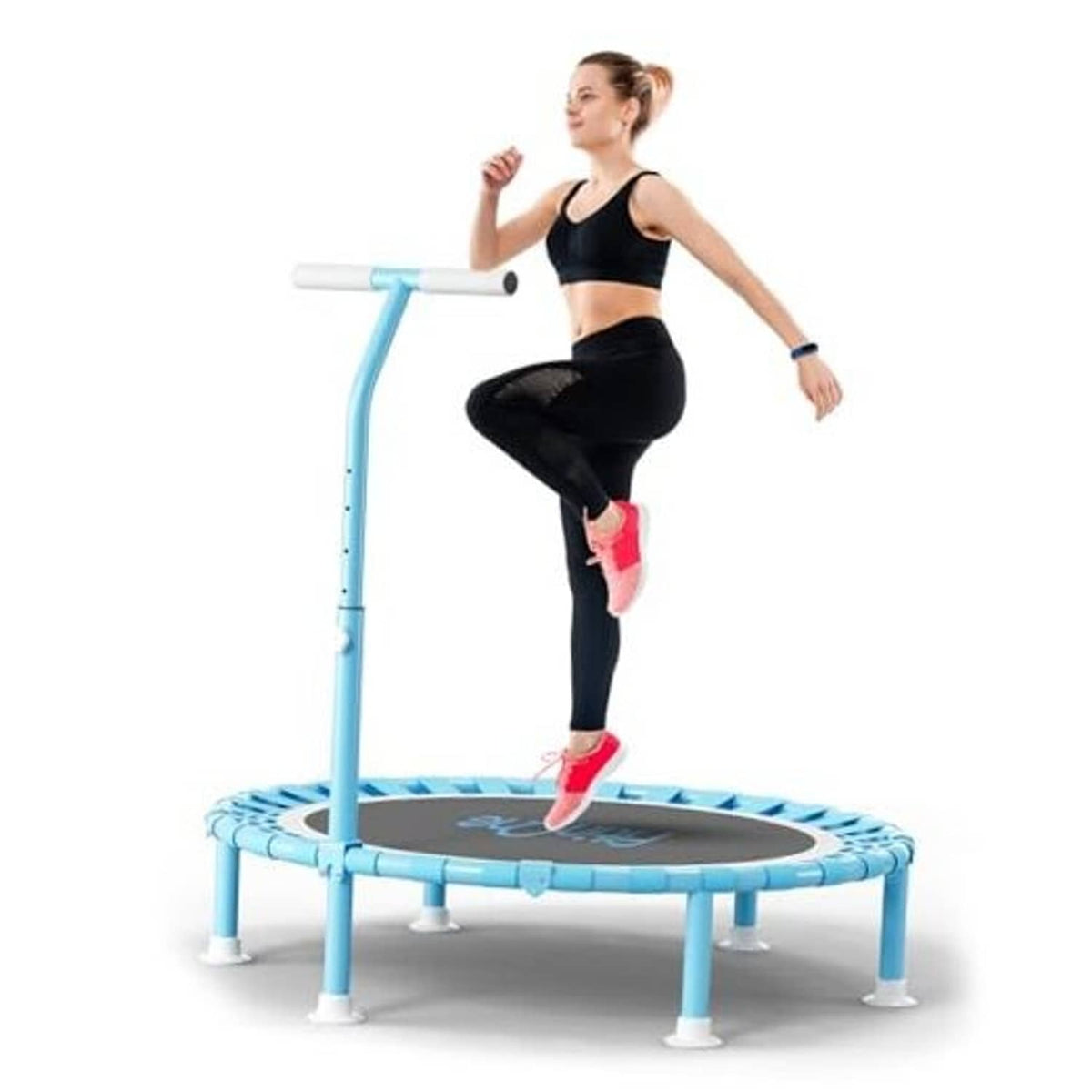 40in mini fitness trampoline with light blue handle and black jumping mat