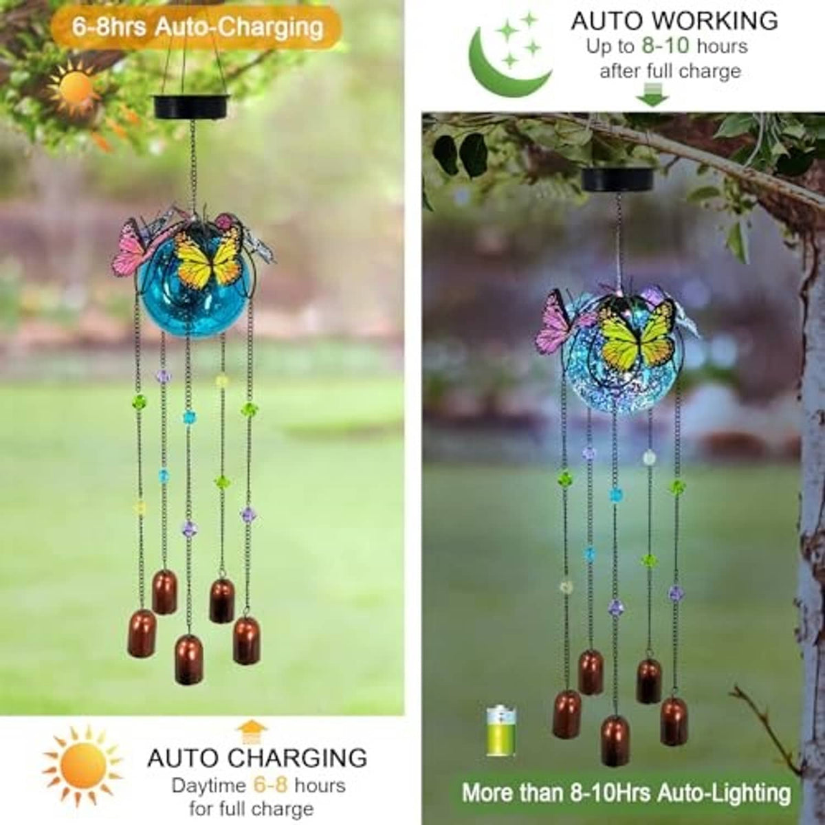 Butterfly wind chime solar light with top solar panel, blue orb, and copper bell hanging drops