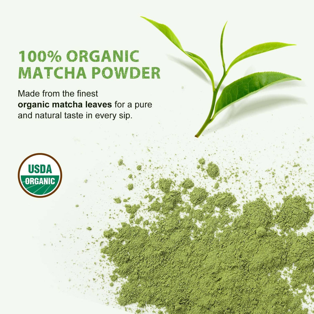 Organic matcha powder, fine bright green powder pile