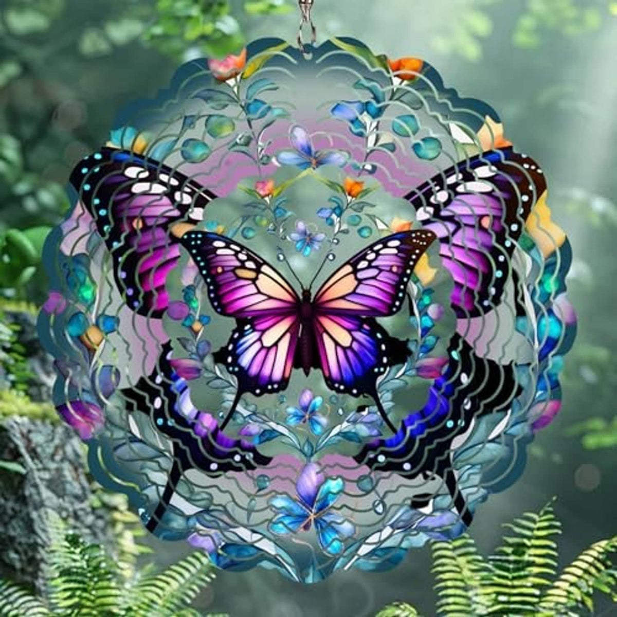 Hanging butterfly wind spinner with purple-blue wings and colorful swirl frame