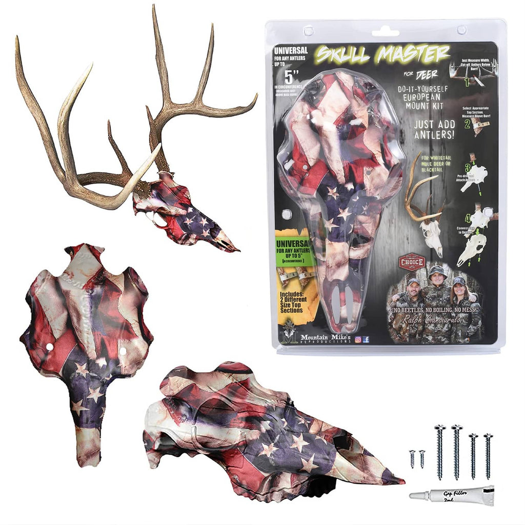 Universal deer skull mount kit with antlers, star-pattern skull pieces, and screw hardware