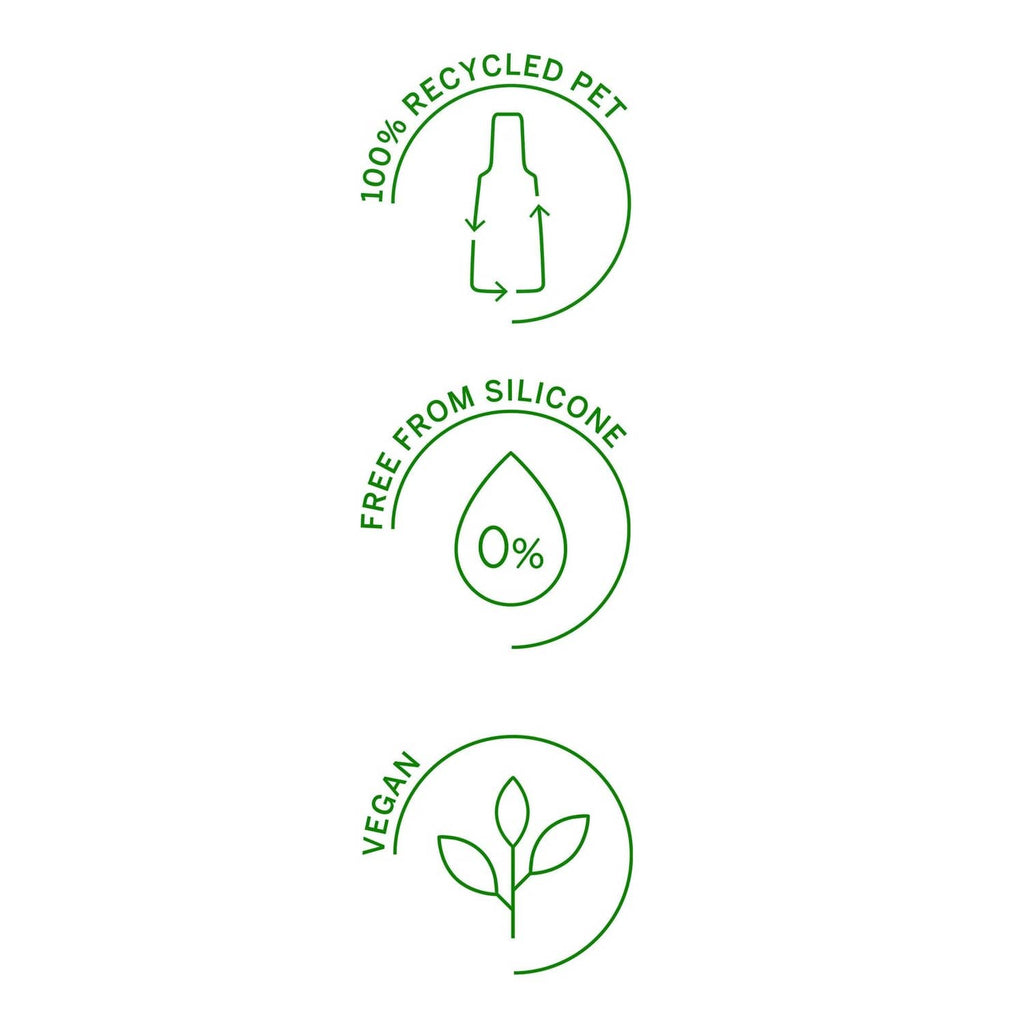 Anti-dandruff shampoo eco icons: 100% recycled PET, free from silicone, vegan