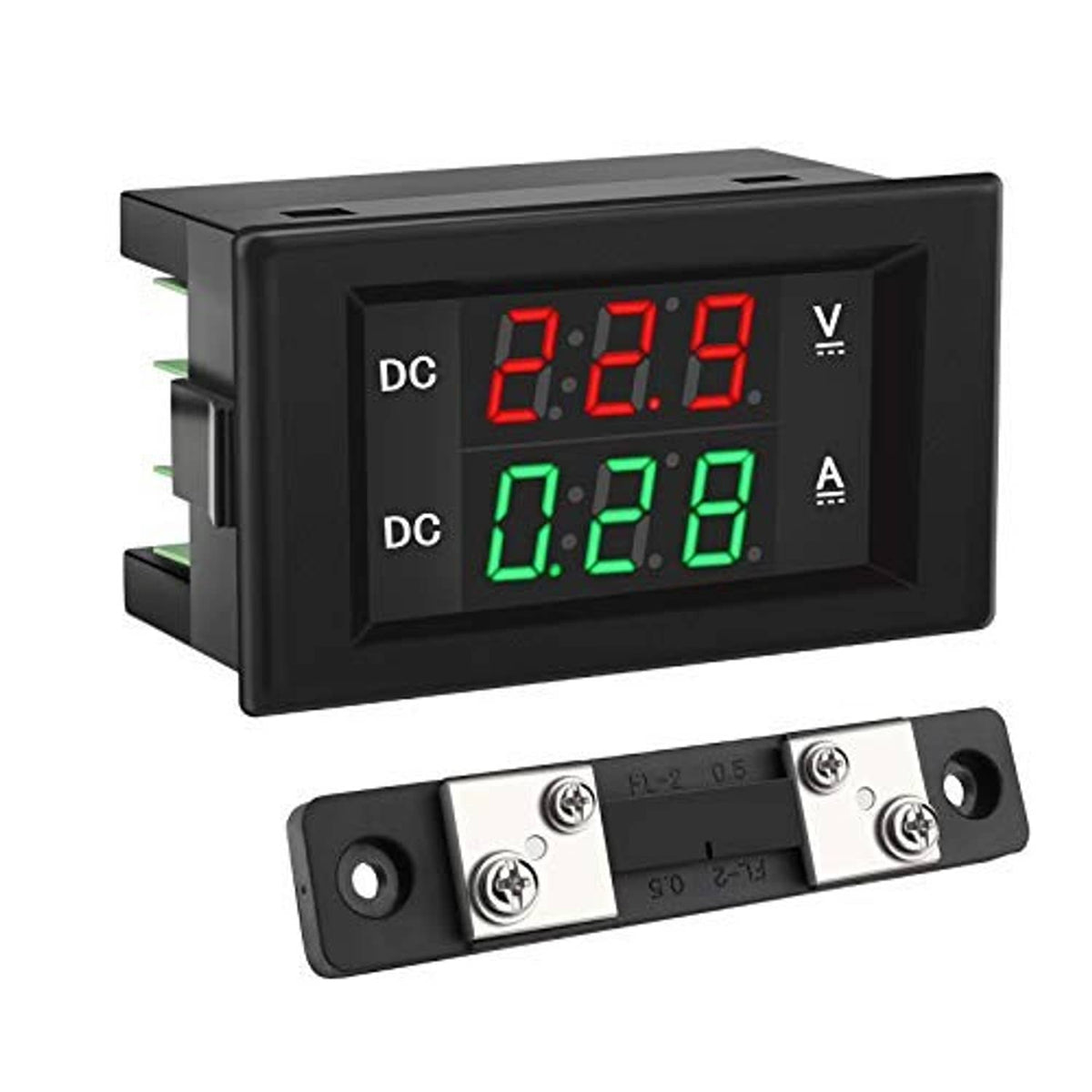 Digital DC voltmeter ammeter panel meter with red voltage and green current LED readings.