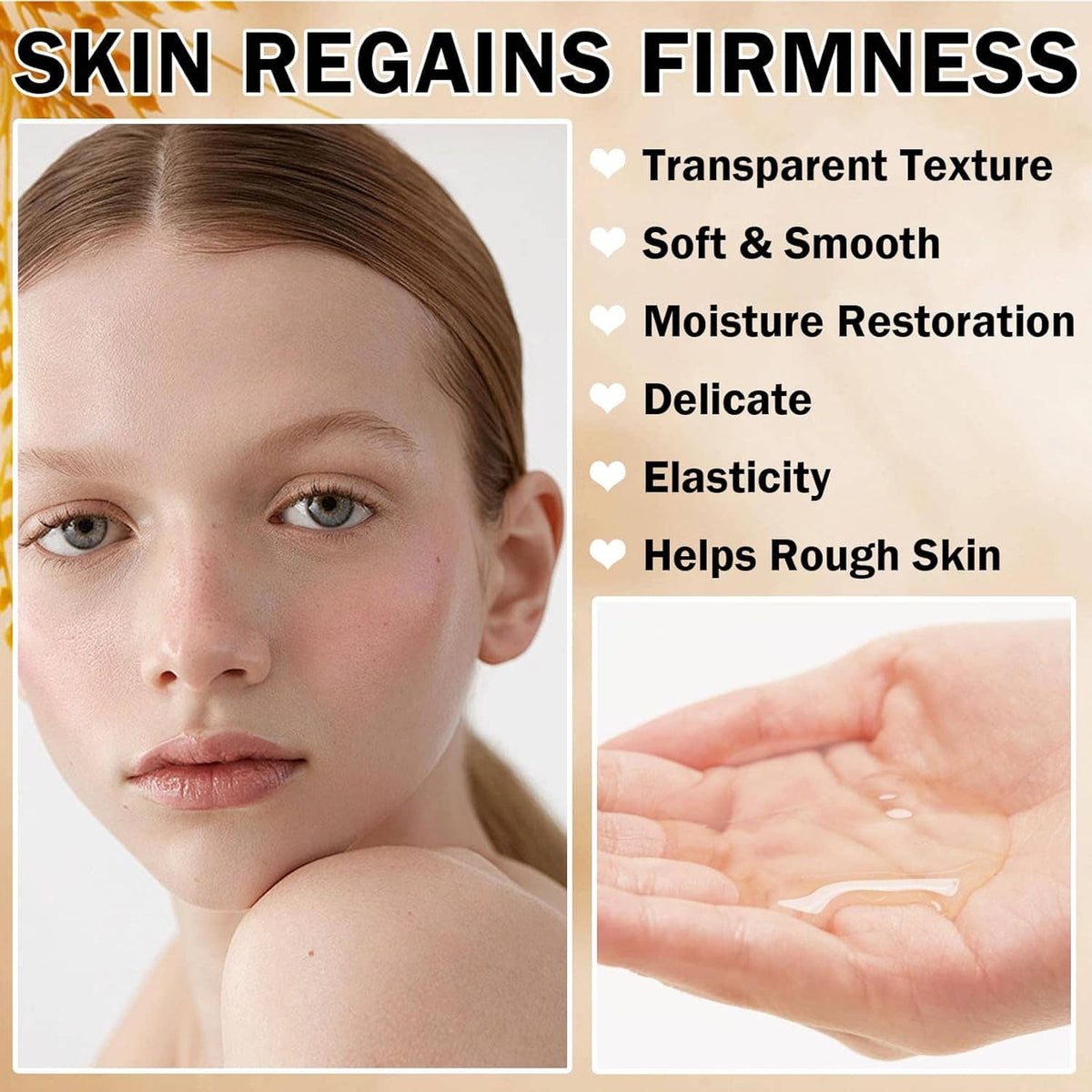 Skin care serum bottle and white packaging shown with a hand and face firmness concept