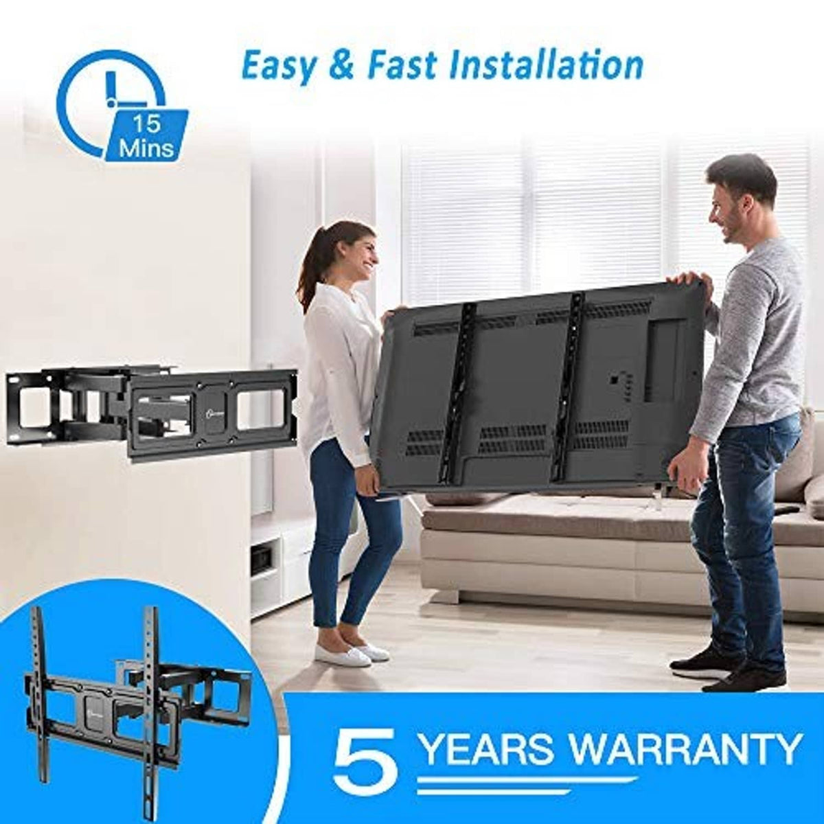 TV wall mount bracket installation, showing articulating arms for secure mounting