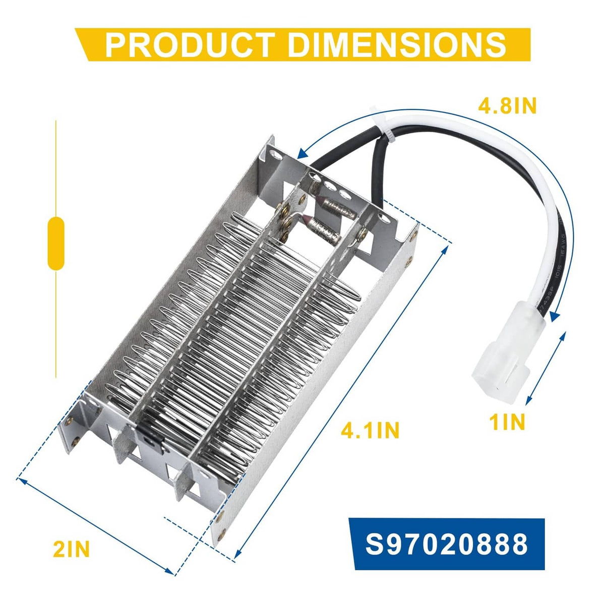 Bathroom fan heating element with metal fins, white cable, and mounting tabs