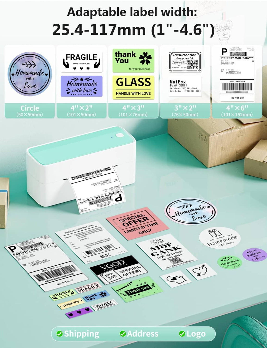 White thermal label printer with mint-green top with sample label sheets