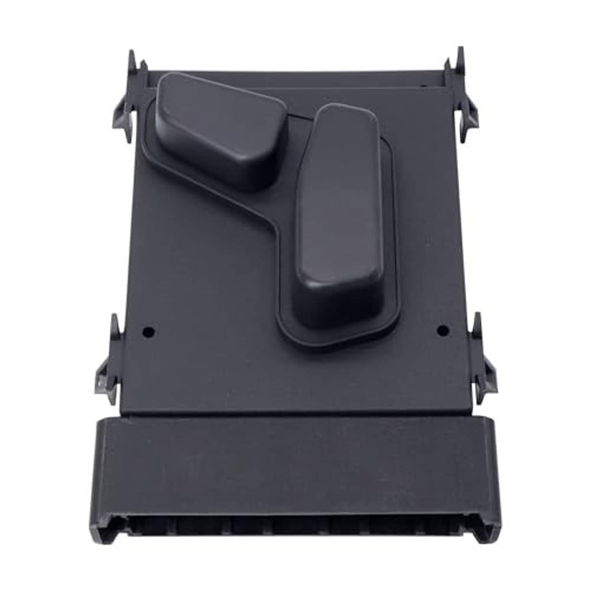 Power seat switch module with two raised rocker buttons and mounting tabs, dark gray