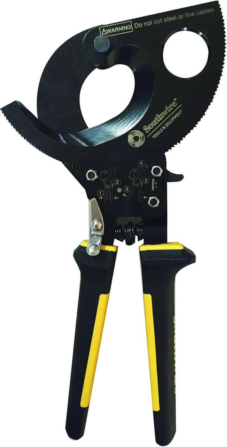 Ratcheting cable cutter tool with curved cutter wheel head and yellow-black handles