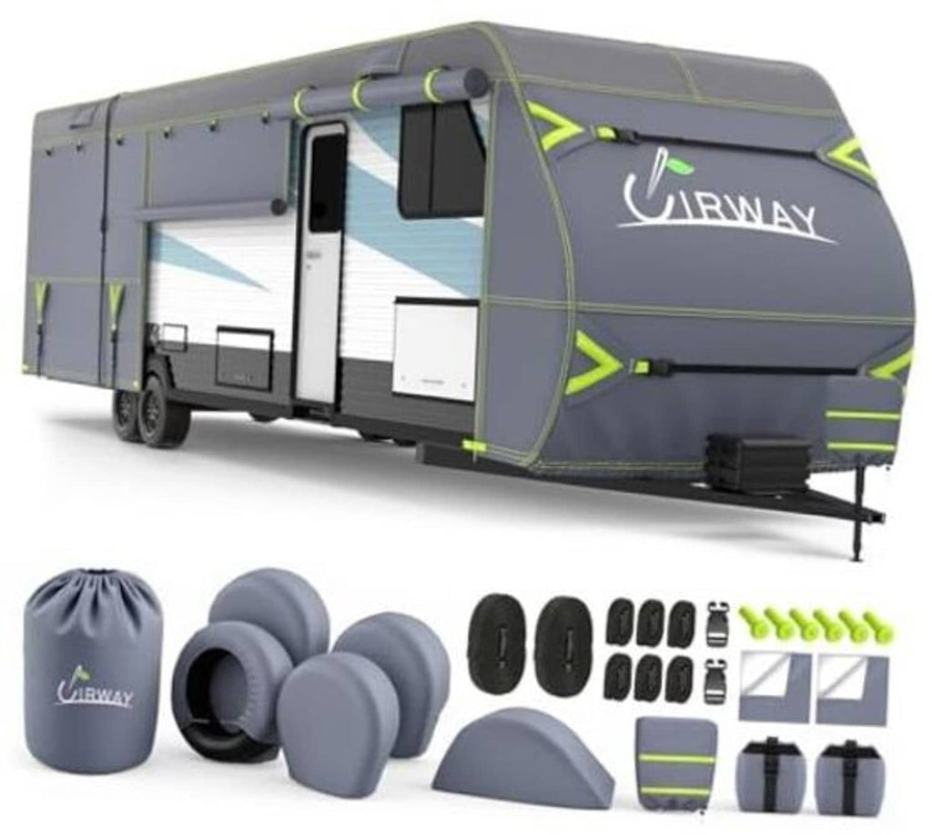 Gray RV trailer cover with neon-green trim; includes folded storage bag and accessory pieces.