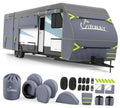 Gray RV trailer cover with neon-green trim; includes folded storage bag and accessory pieces.
