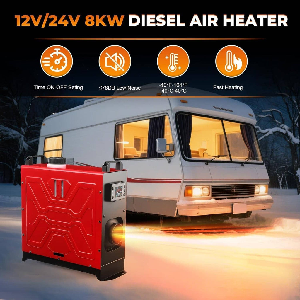 Red diesel air heater installed on a vehicle, with warm exhaust outlet