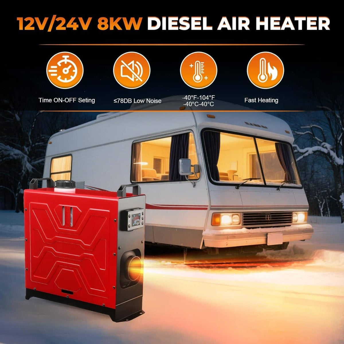 Red diesel air heater installed on a vehicle, with warm exhaust outlet