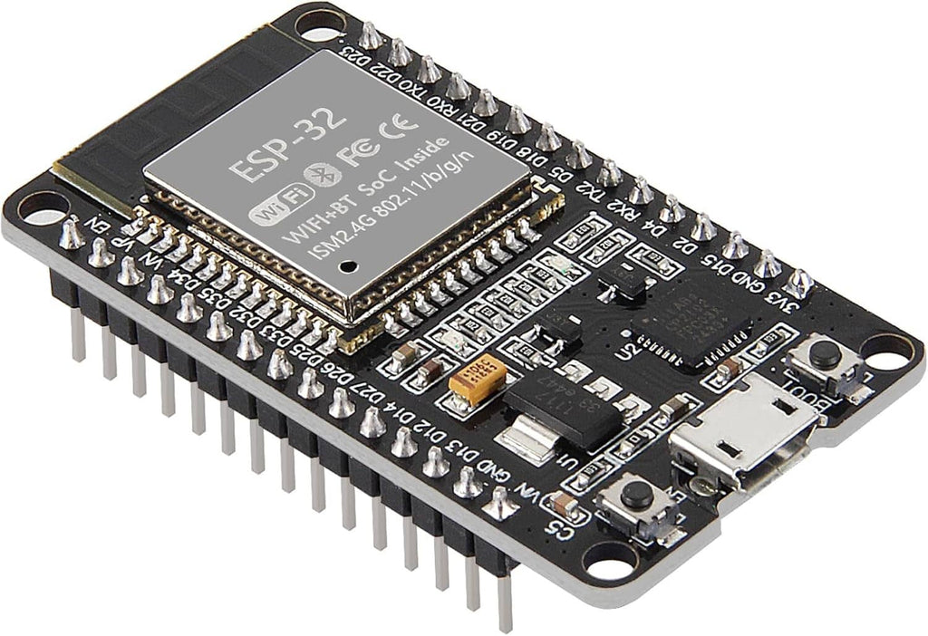 ESP-32 dev board with dual-row pins, WiFi/Bluetooth module, and onboard USB port