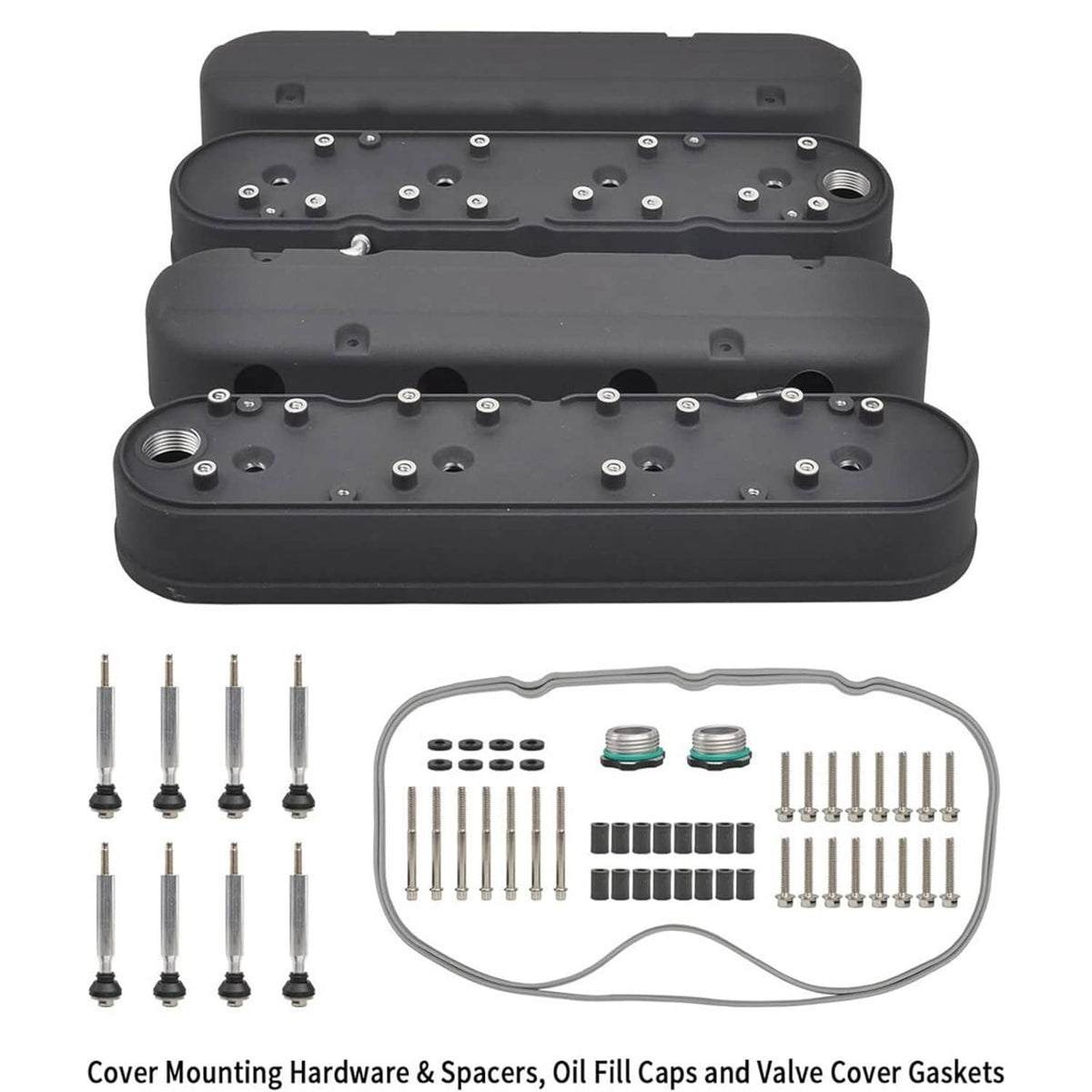 Black double-row valve cover set with coil-mount fasteners and oil fill cap