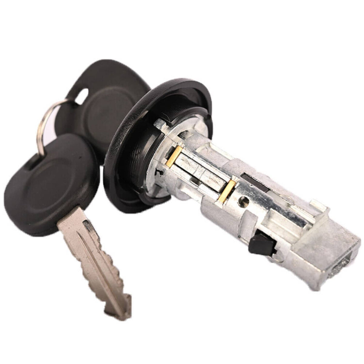 Ignition lock cylinder with two keys and black key heads, silver barrel