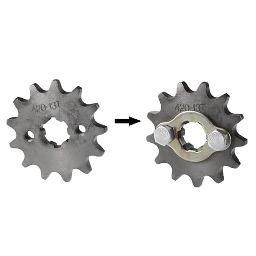 Front sprocket 420-13T shown before-and-after installation on steel gear