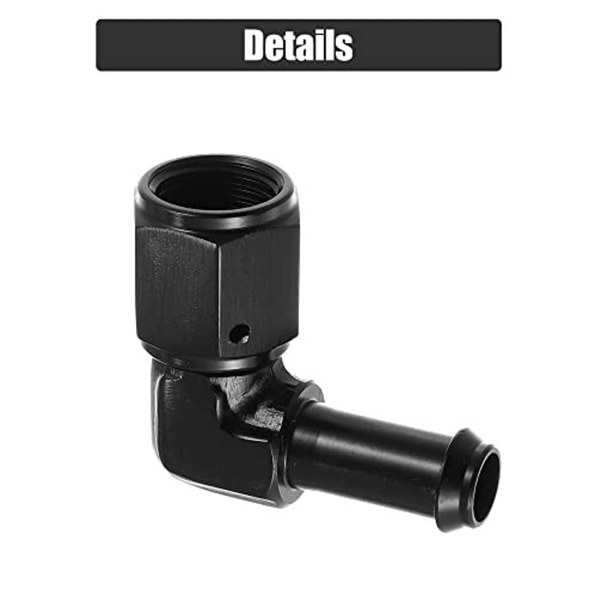 Black 90-degree swivel hose fitting adapter with threaded female AN6 port and barb