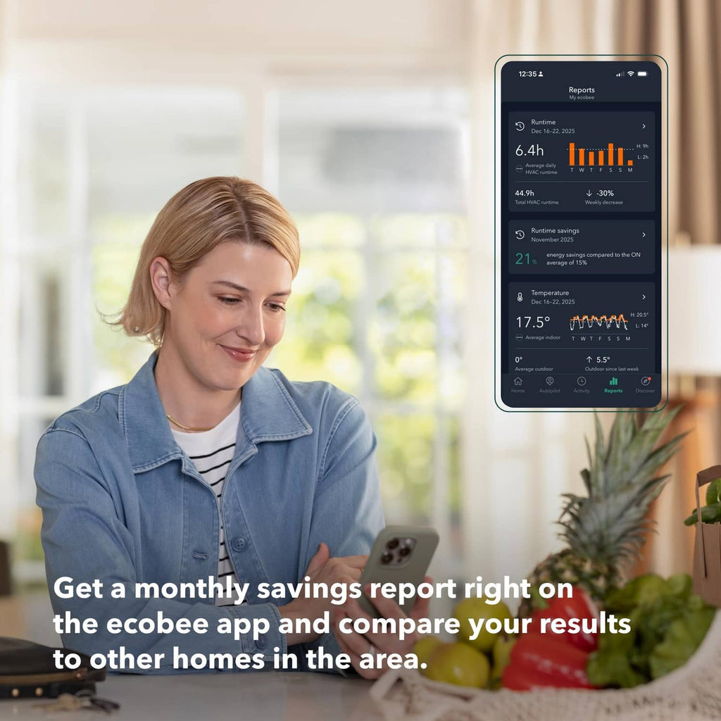 Smart thermostat mobile app screen showing energy savings, temperature, and graphs