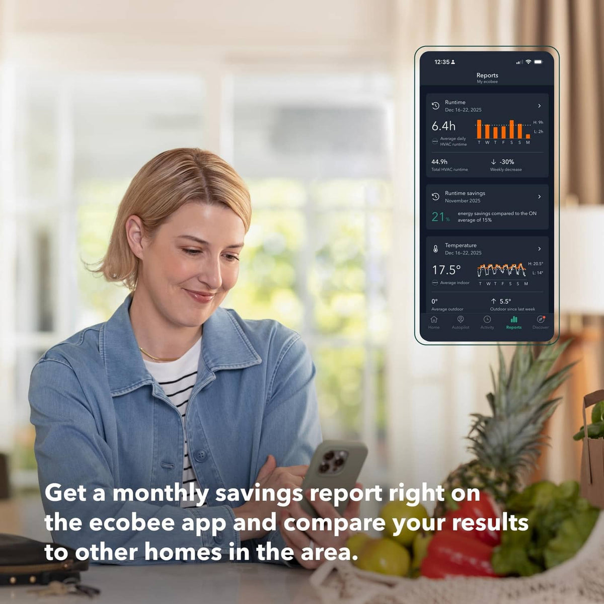Smart thermostat mobile app screen showing energy savings, temperature, and graphs