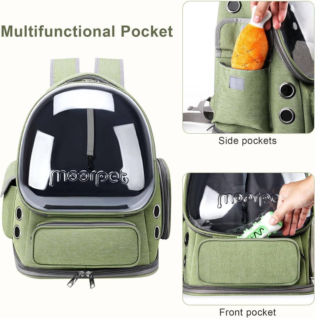 Green cat backpack carrier with clear bubble window and front plus side storage pockets