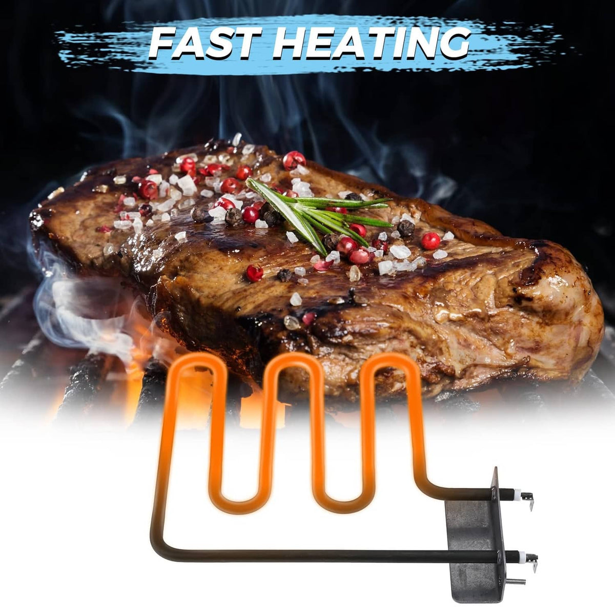 Electric smoker heating element with U-shaped coil and metal mounting plates