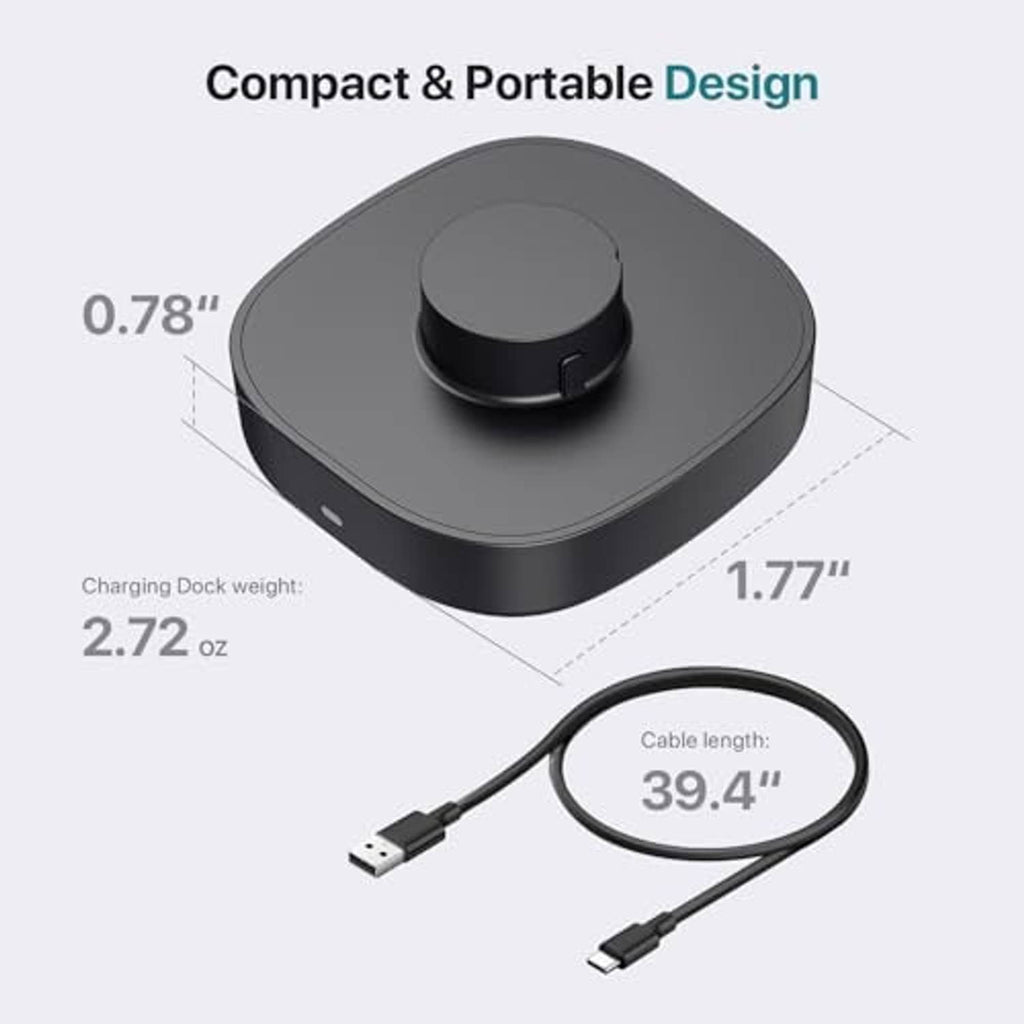 Compact black charging dock with short USB cable and circular charging pad