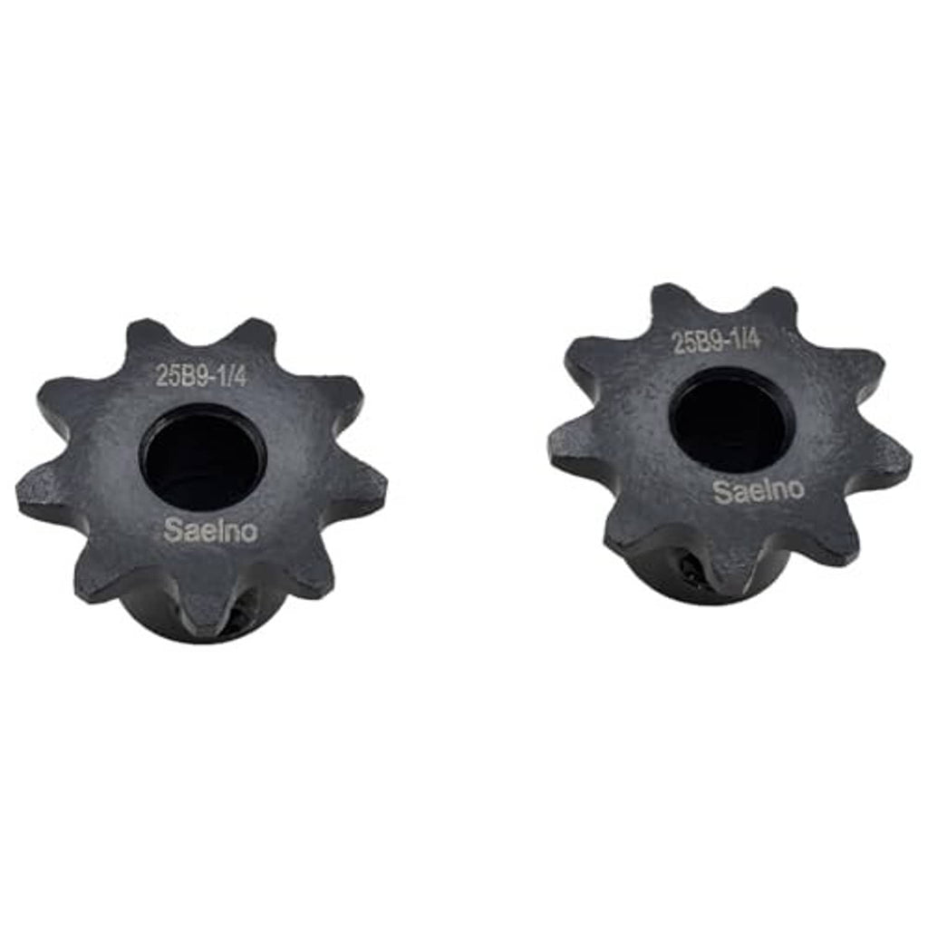 Two 9-tooth sprockets, dark steel, front and side view with SAELO marks