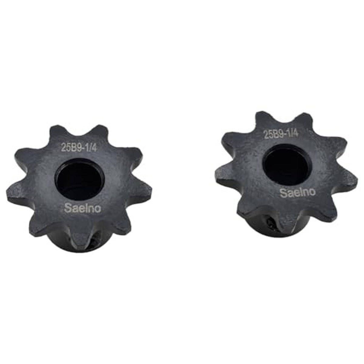 Two 9-tooth sprockets, dark steel, front and side view with SAELO marks