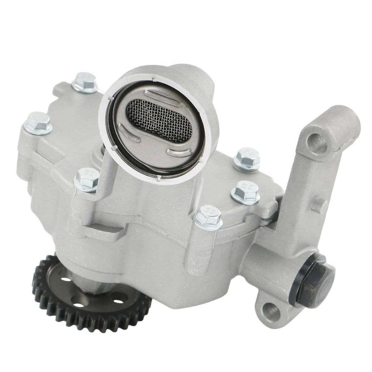 Engine oil pump with gray metal housing, inlet screen, and front gear