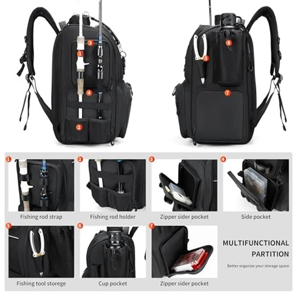 Black fishing tackle backpack with side pockets, padded back, and adjustable shoulder straps