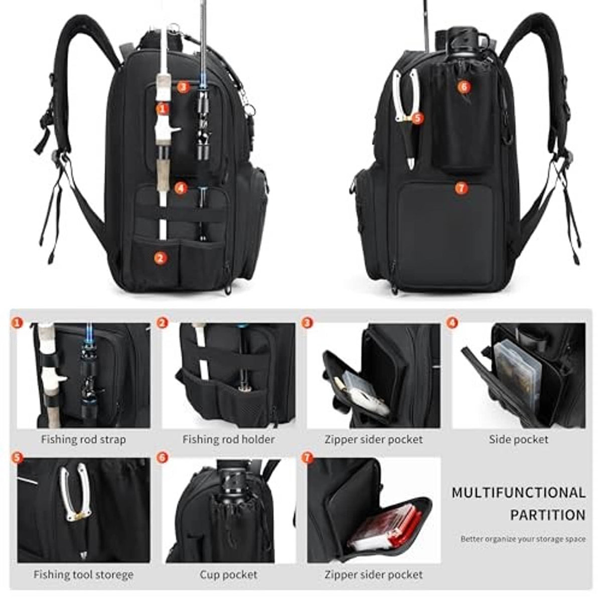 Black fishing tackle backpack with side pockets, padded back, and adjustable shoulder straps