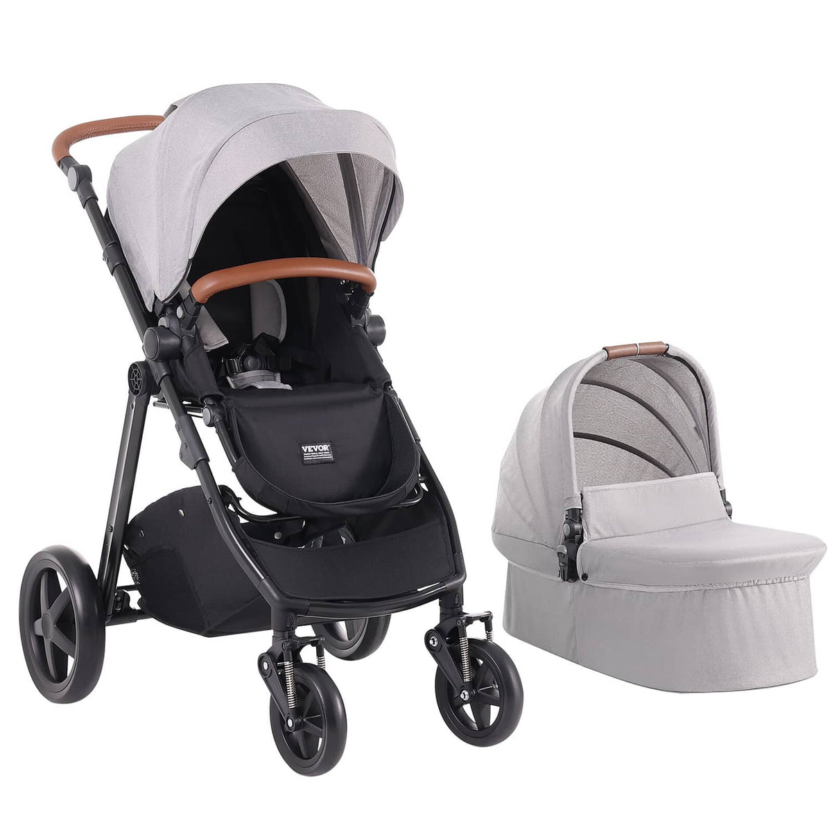Light gray stroller travel system with bassinet and mesh canopy, black seat