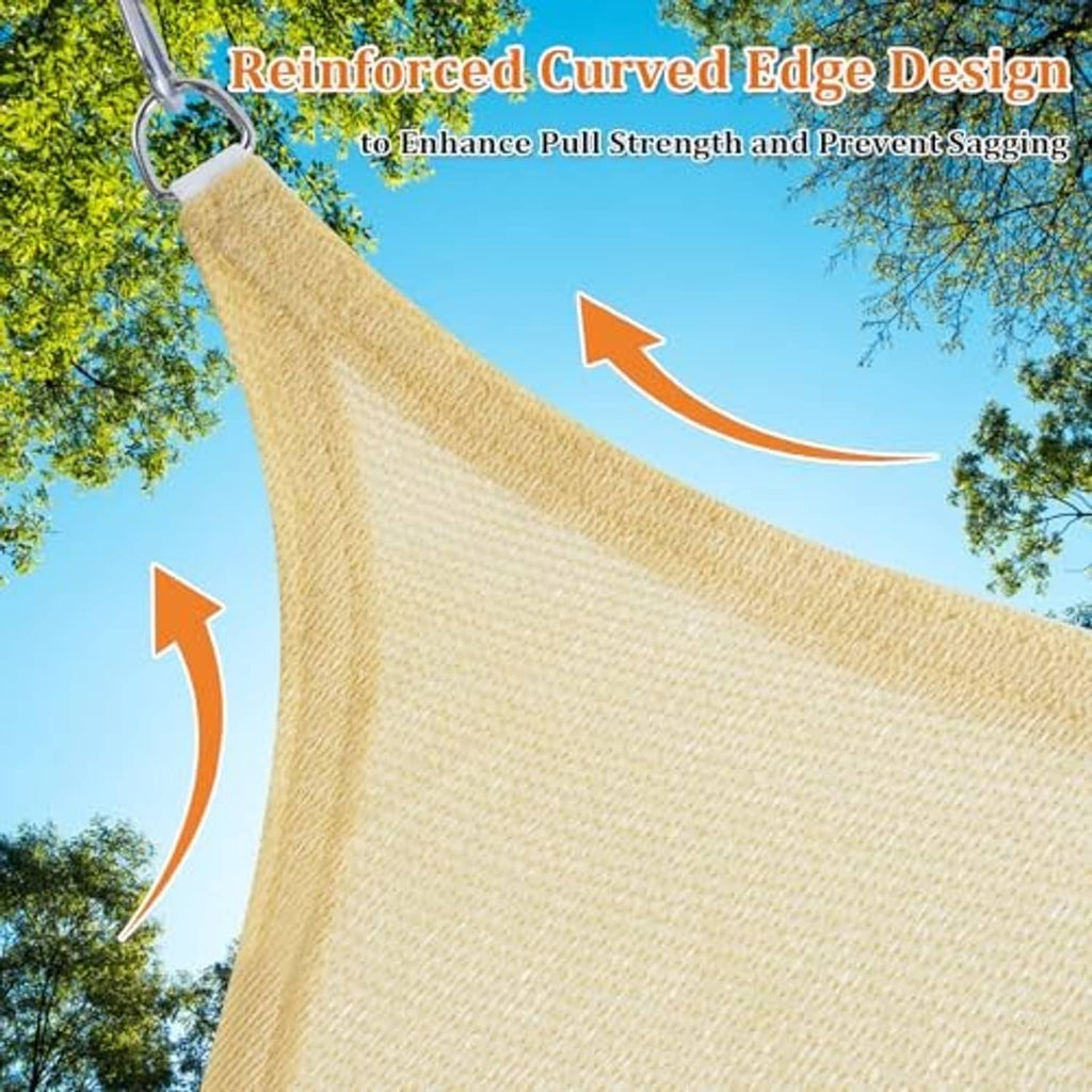 Reinforced curved edge on sand beige triangle shade sail mesh canopy