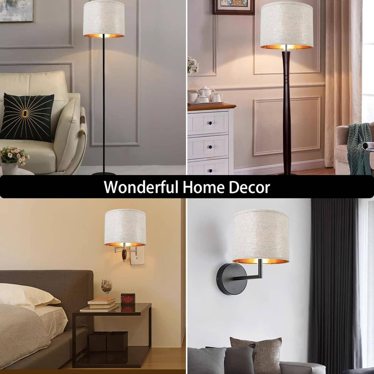 Pair of white linen drum lamp shades with amber interiors mounted on black stems