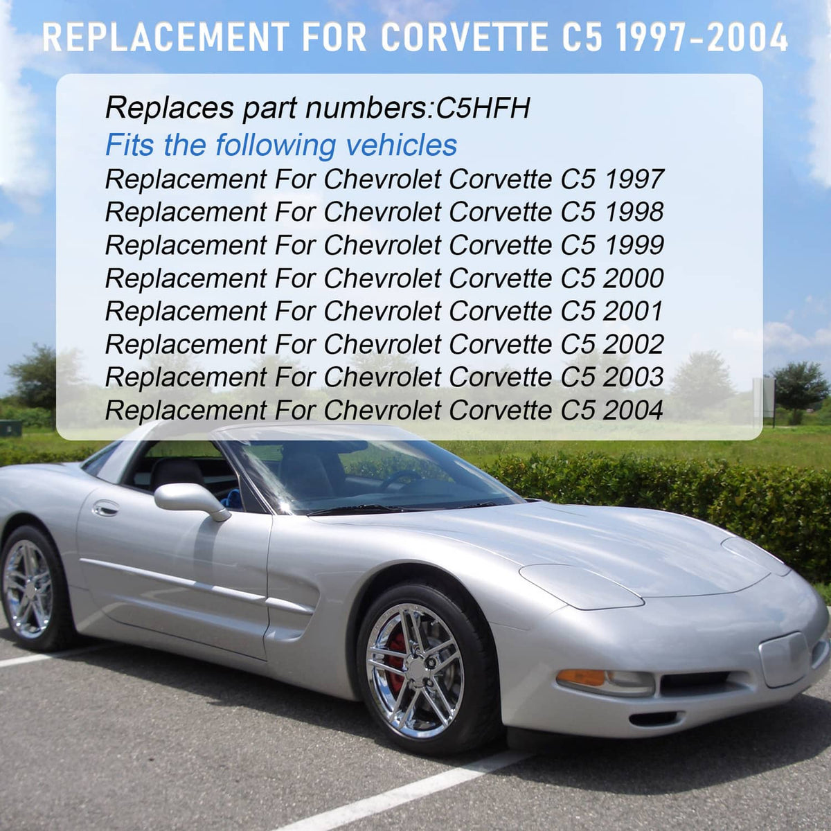 Silver C5 Corvette front three-quarter view with headlights and chrome wheel