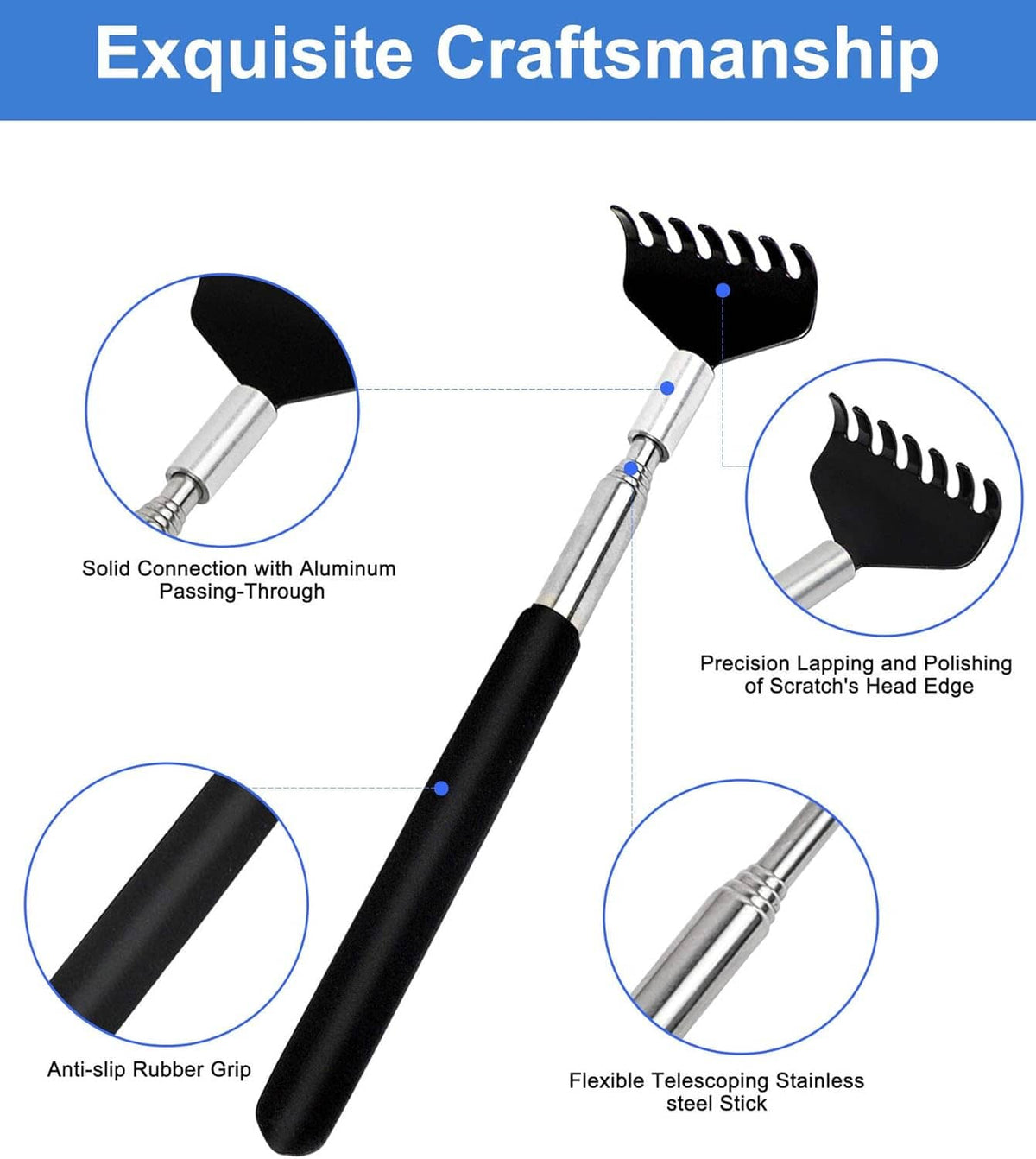 Telescoping back scratcher with anti-slip grip and stainless steel shaft, black handle