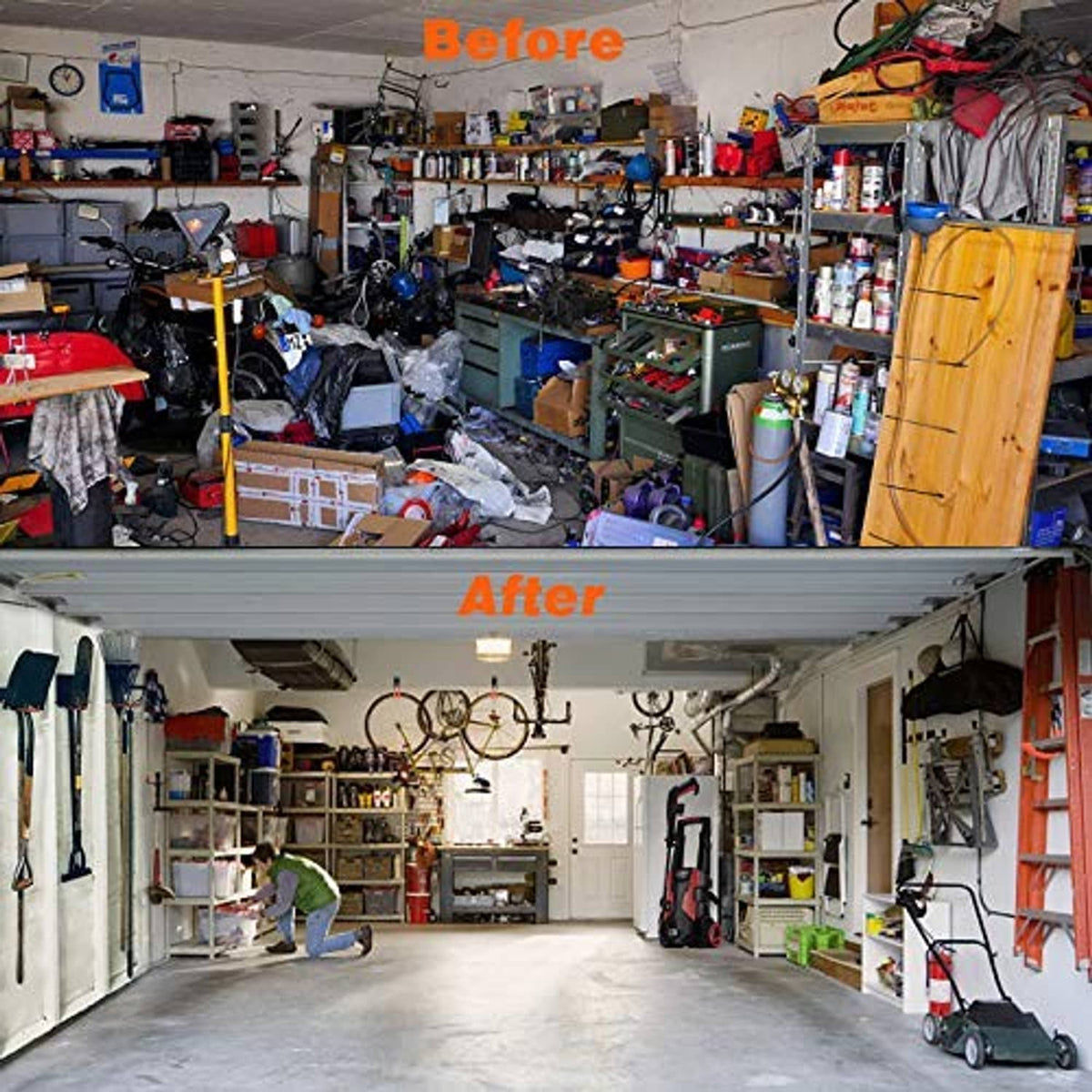 Workshop garage with multiple black-and-orange double J storage hooks mounted on walls
