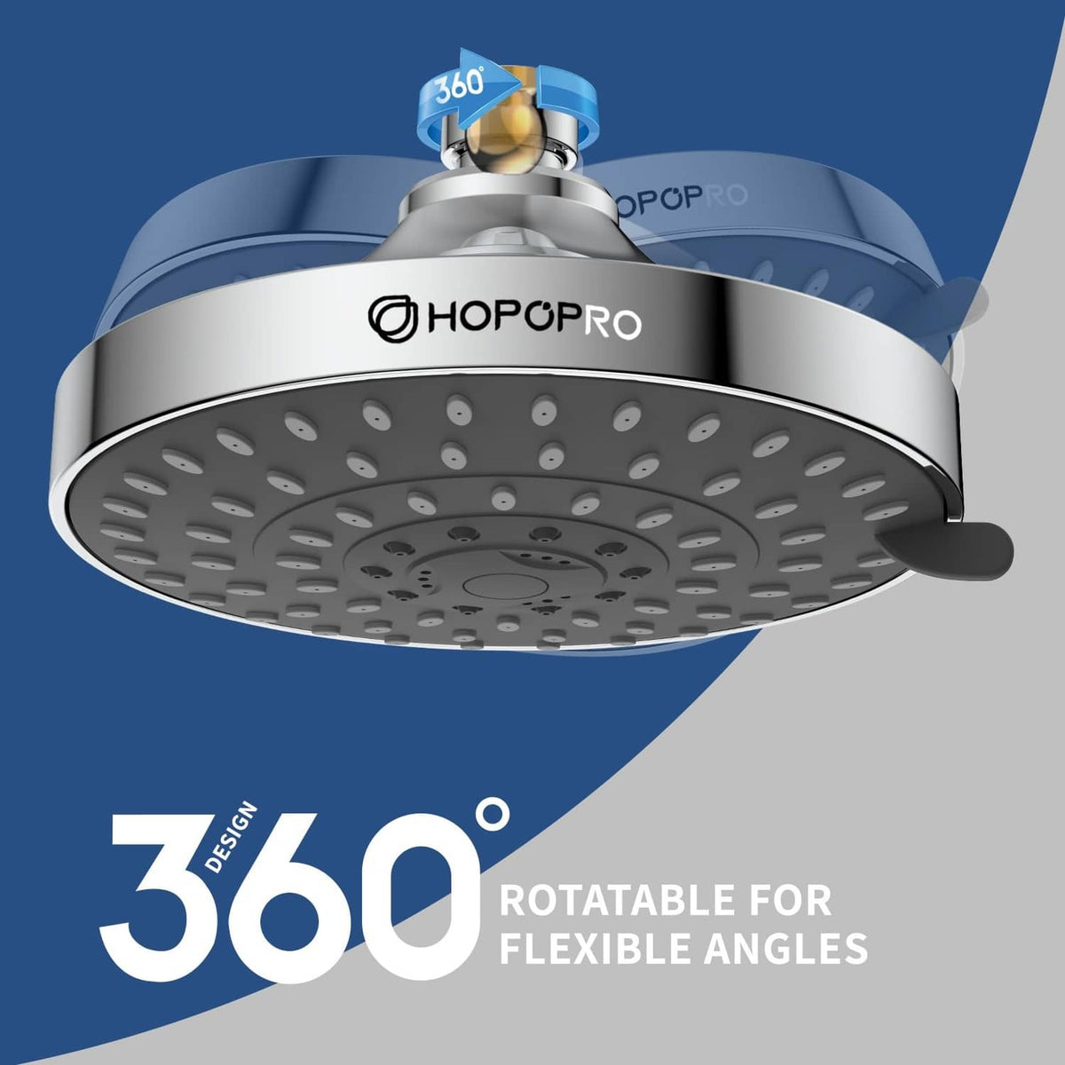 Round chrome ceiling shower head with 360° rotatable joint for flexible angles